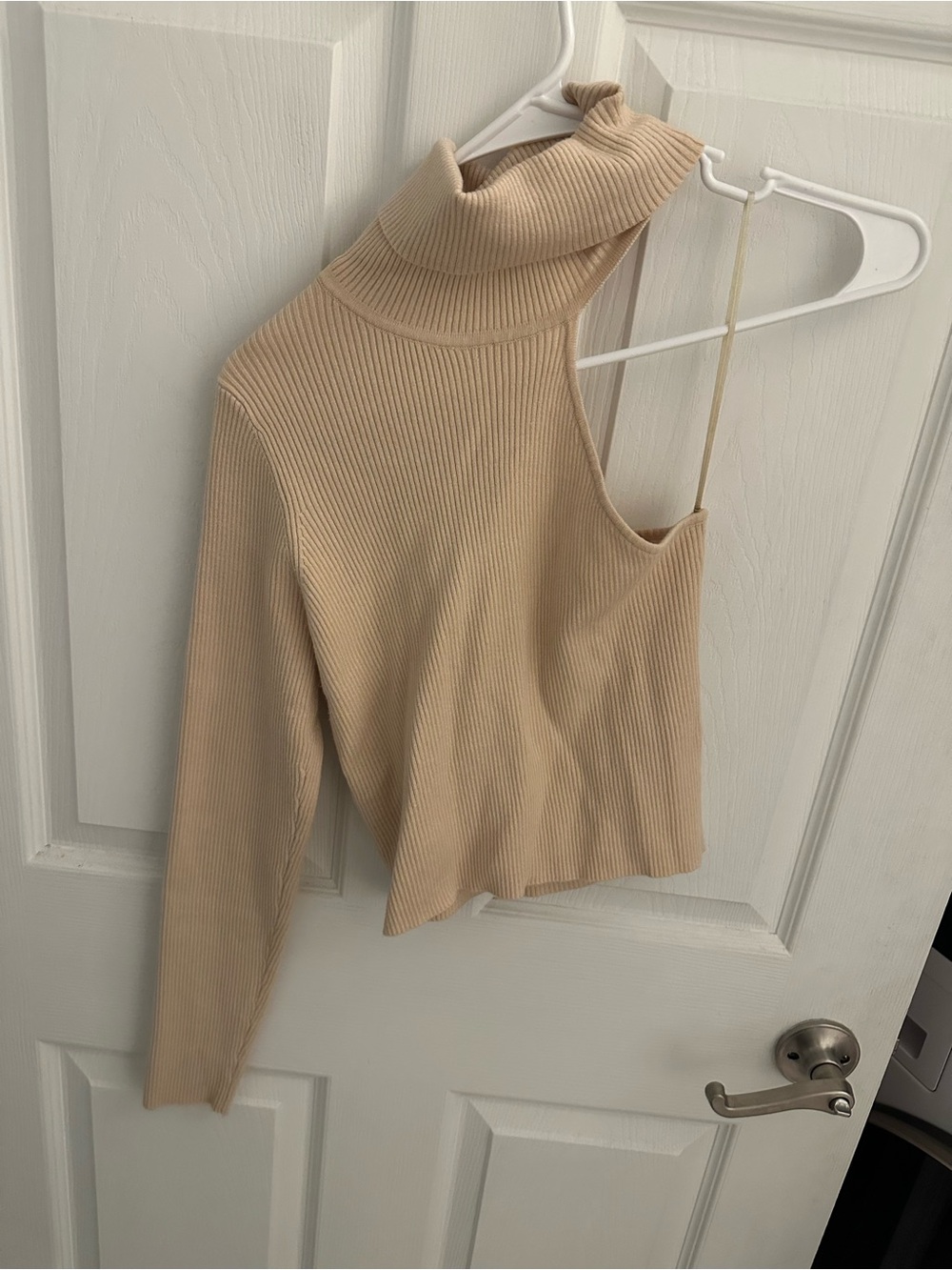 One-Shoulder Ribbed Turtleneck Top in Beige